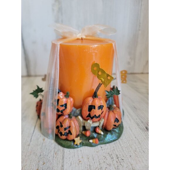 Halloween pumpkin stack holder candle pillar orange home decor candy corn - Picture 1 of 9